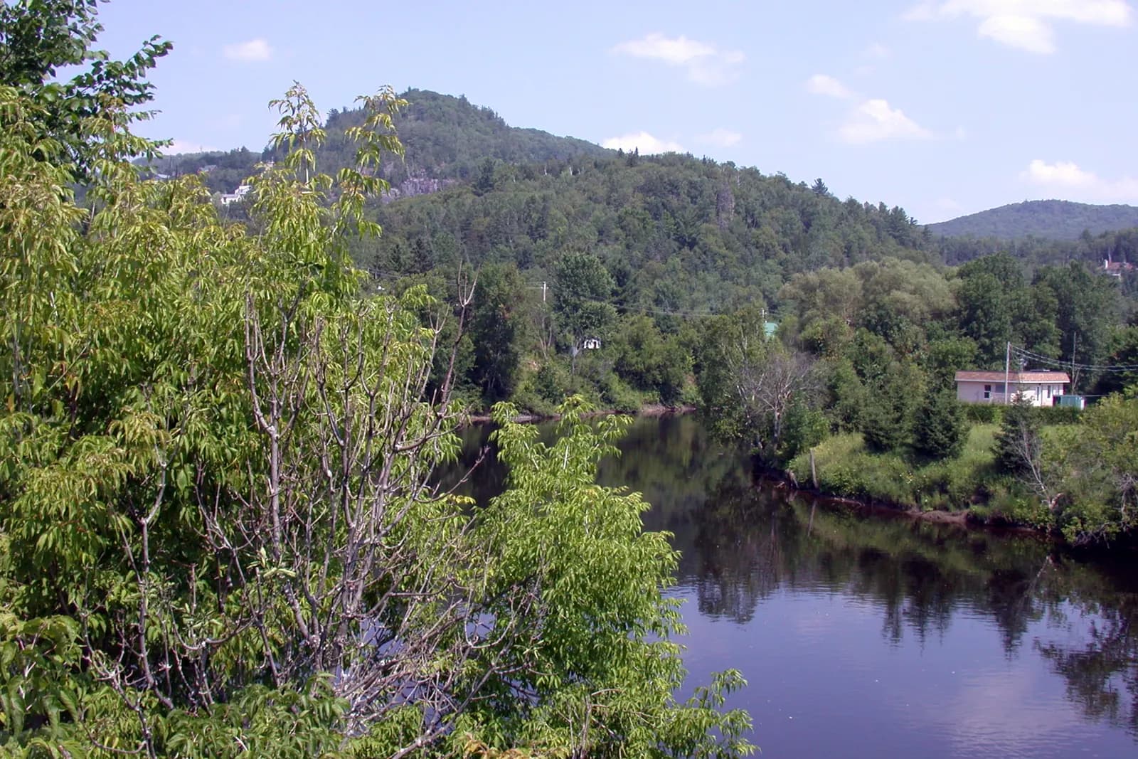 La rivière du Nord, calme, entre des rives boisées, les collines derrière.