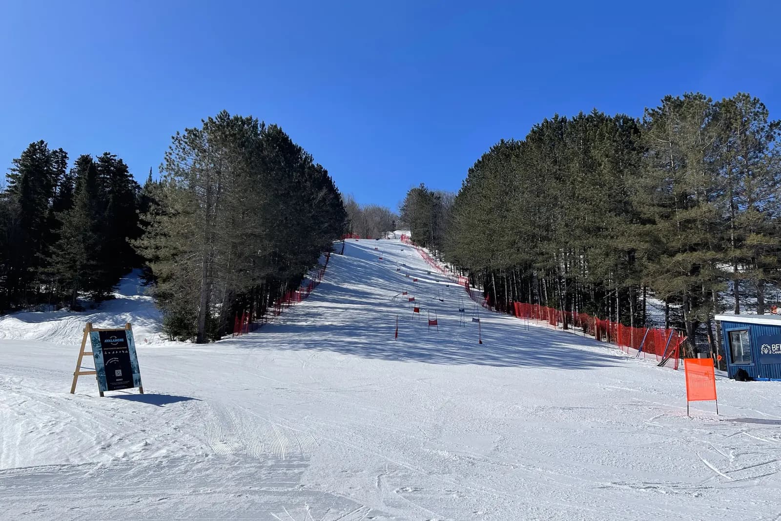 Une piste de ski damée, bordée de pins et de filets rouges, au mont Avalanche.