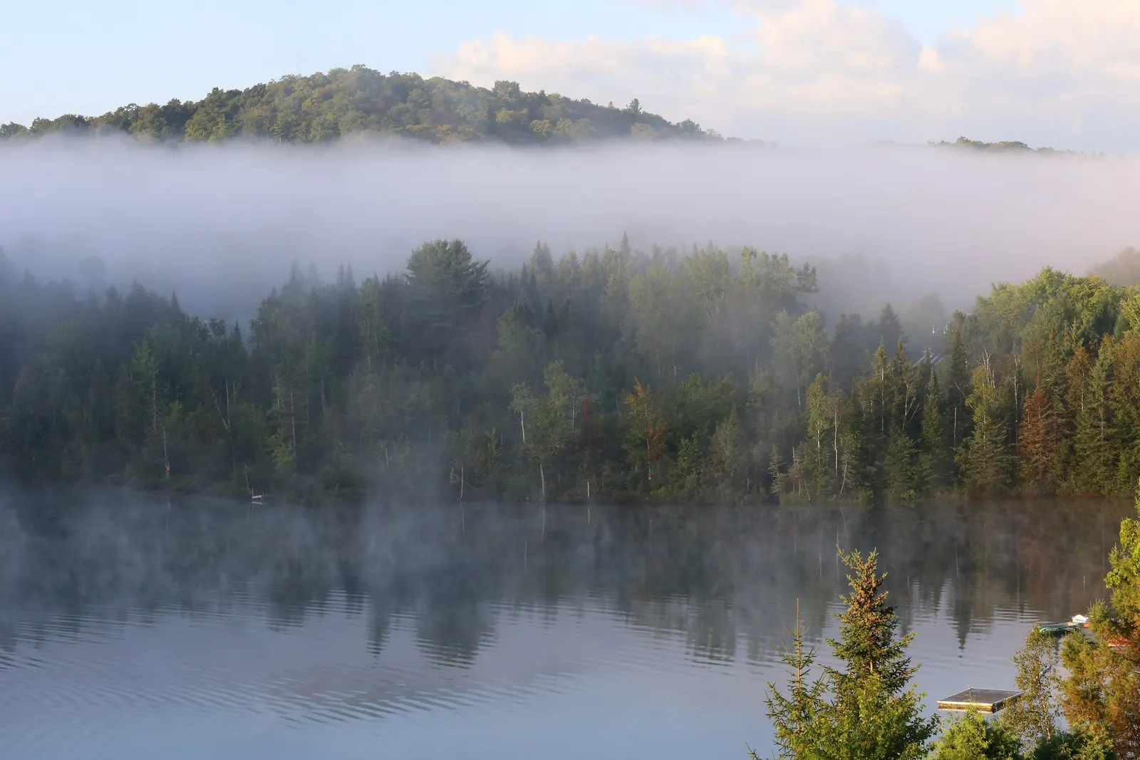 La brume sur le lac Rond, la rive boisée reflétée dans l’eau.