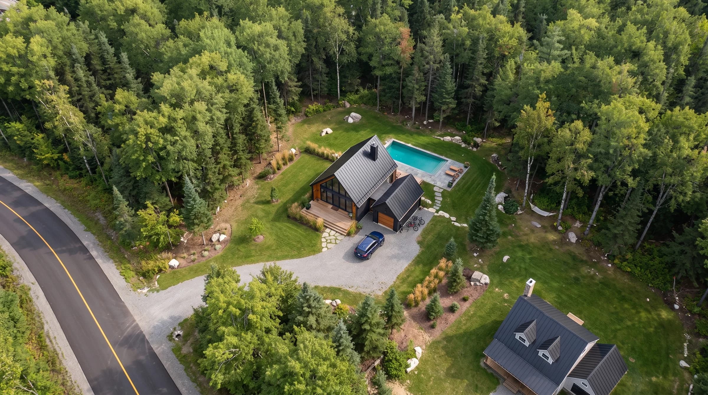 Illustration d’un chalet nordique sur le terrain 20, dans la forêt