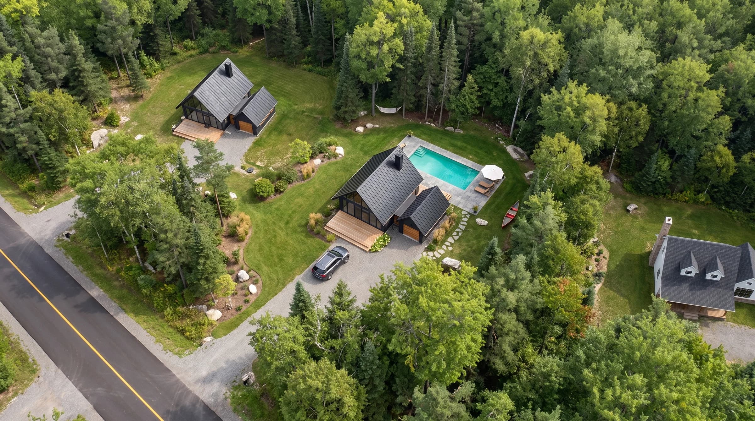 Illustration d’un chalet nordique sur le terrain 21, dans la forêt