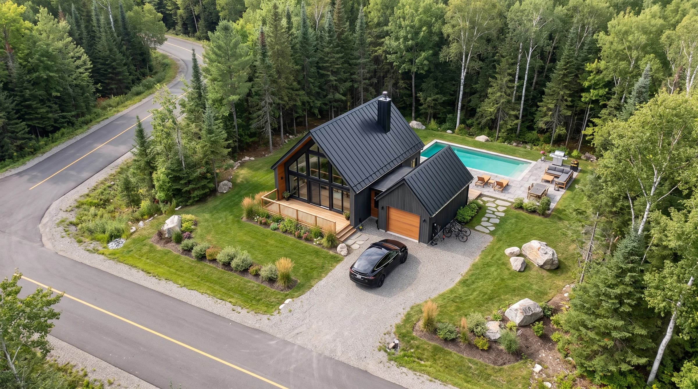 Illustration d’un chalet nordique sur le terrain 23, dans la forêt