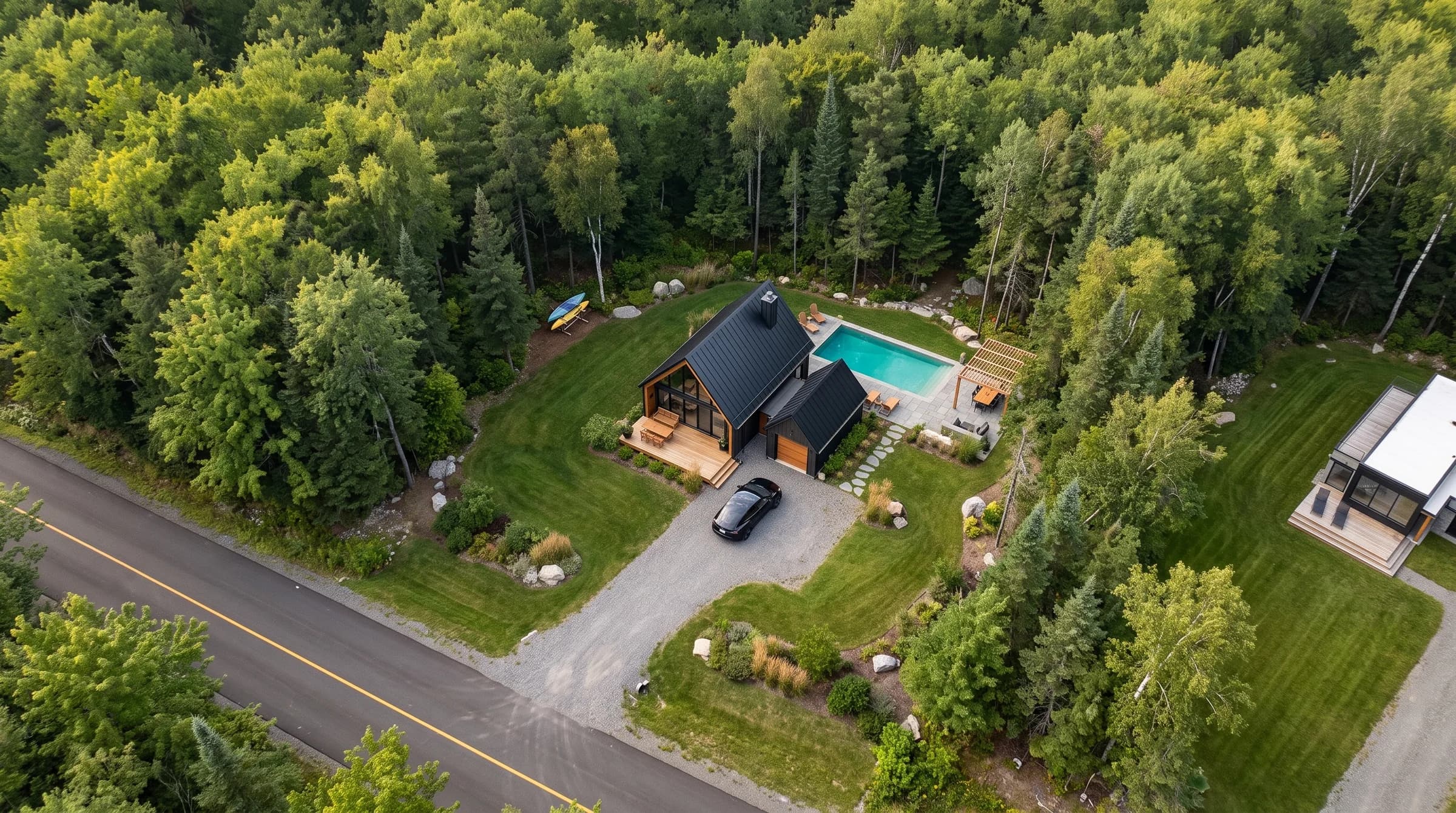 Illustration d’un chalet nordique sur le terrain 29, dans la forêt