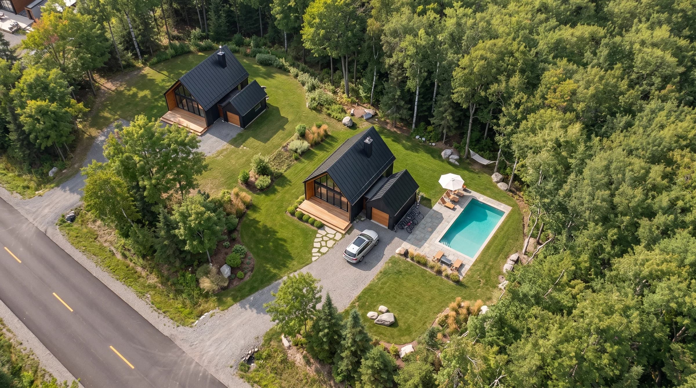 Illustration d’un chalet nordique sur le terrain 30, dans la forêt