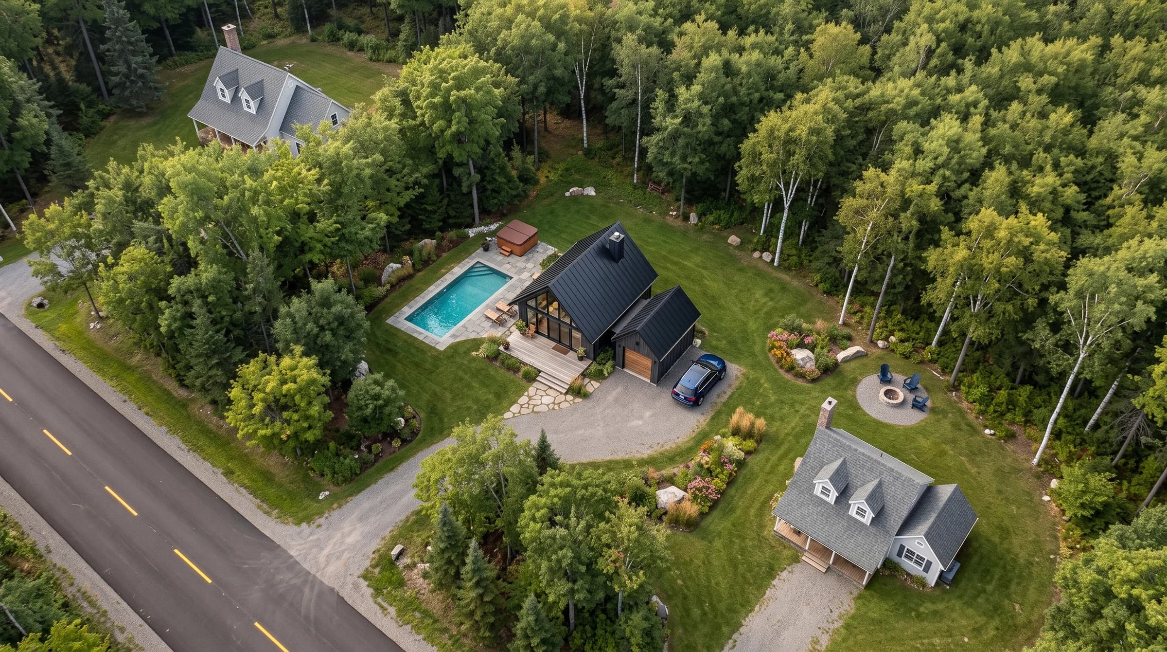 Illustration d’un chalet nordique sur le terrain 32, dans la forêt
