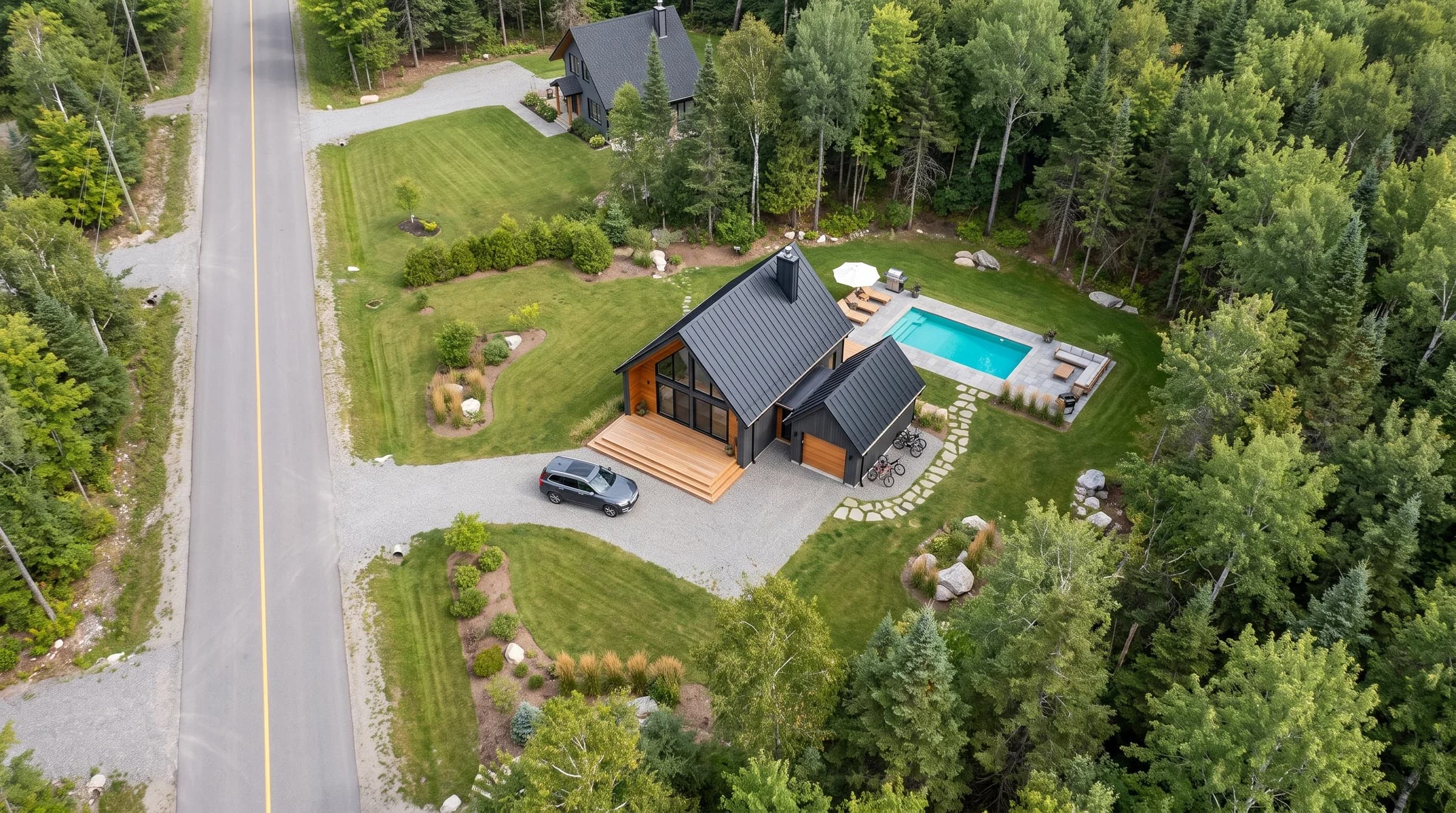 Illustration d’un chalet nordique sur le terrain 33, dans la forêt