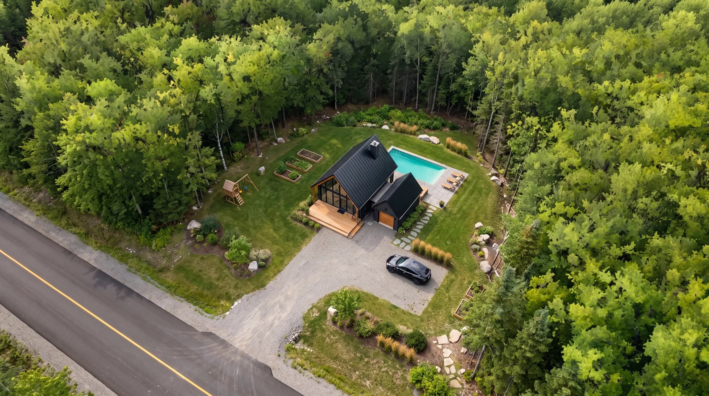 Illustration d’un chalet nordique sur le terrain 35, dans la forêt