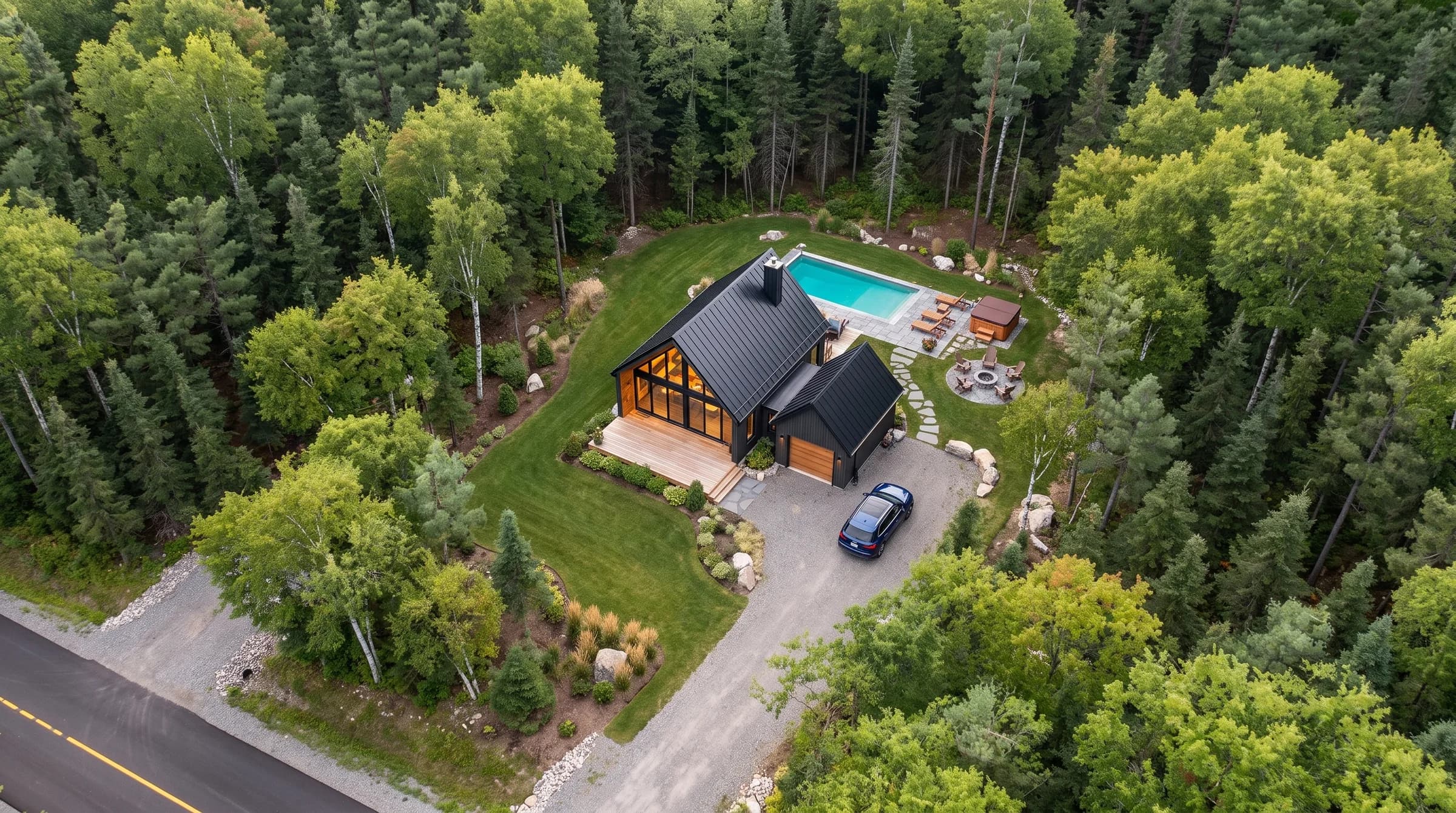 Illustration d’un chalet nordique sur le terrain 5, dans la forêt