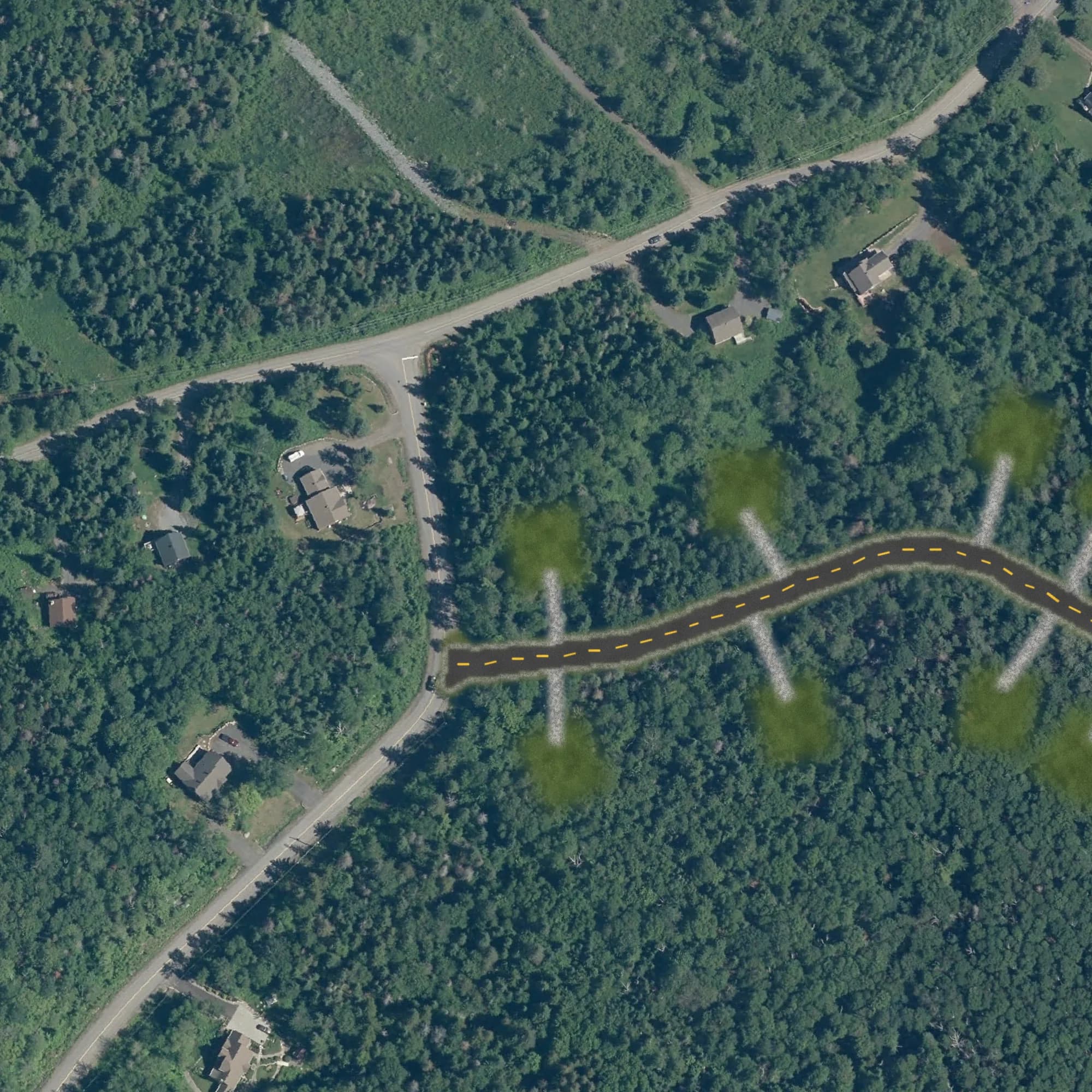 Photo aérienne du terrain 1 et de ses environs, avec la limite du terrain tracée en doré