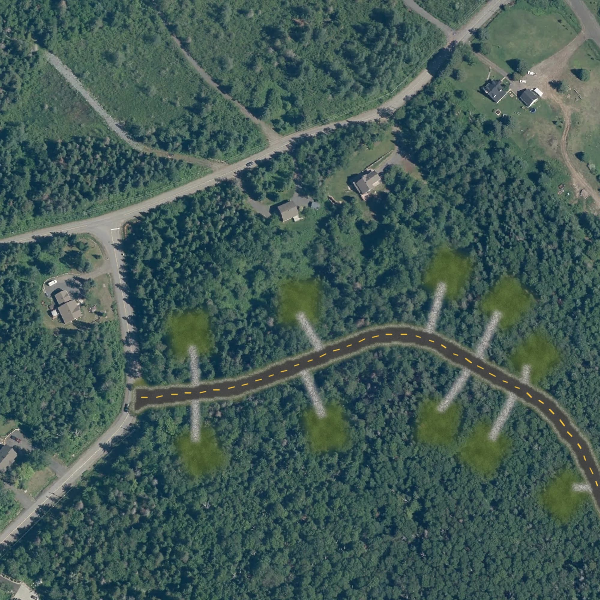 Photo aérienne du terrain 2 et de ses environs, avec la limite du terrain tracée en doré