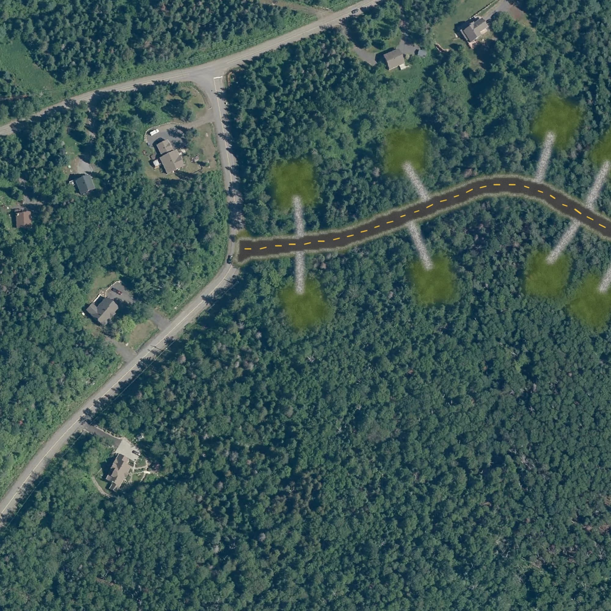 Photo aérienne du terrain 3 et de ses environs, avec la limite du terrain tracée en doré