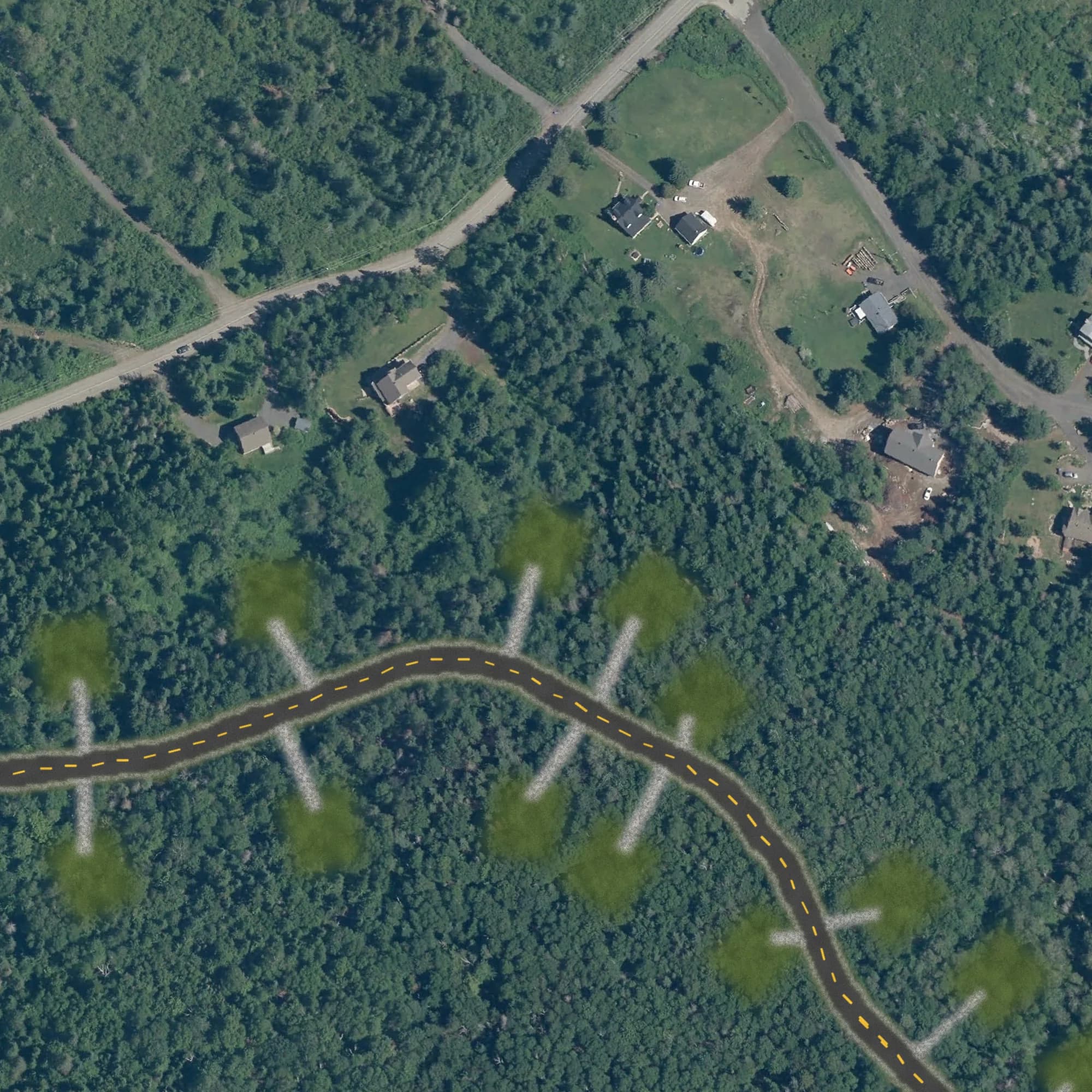 Photo aérienne du terrain 4 et de ses environs, avec la limite du terrain tracée en doré