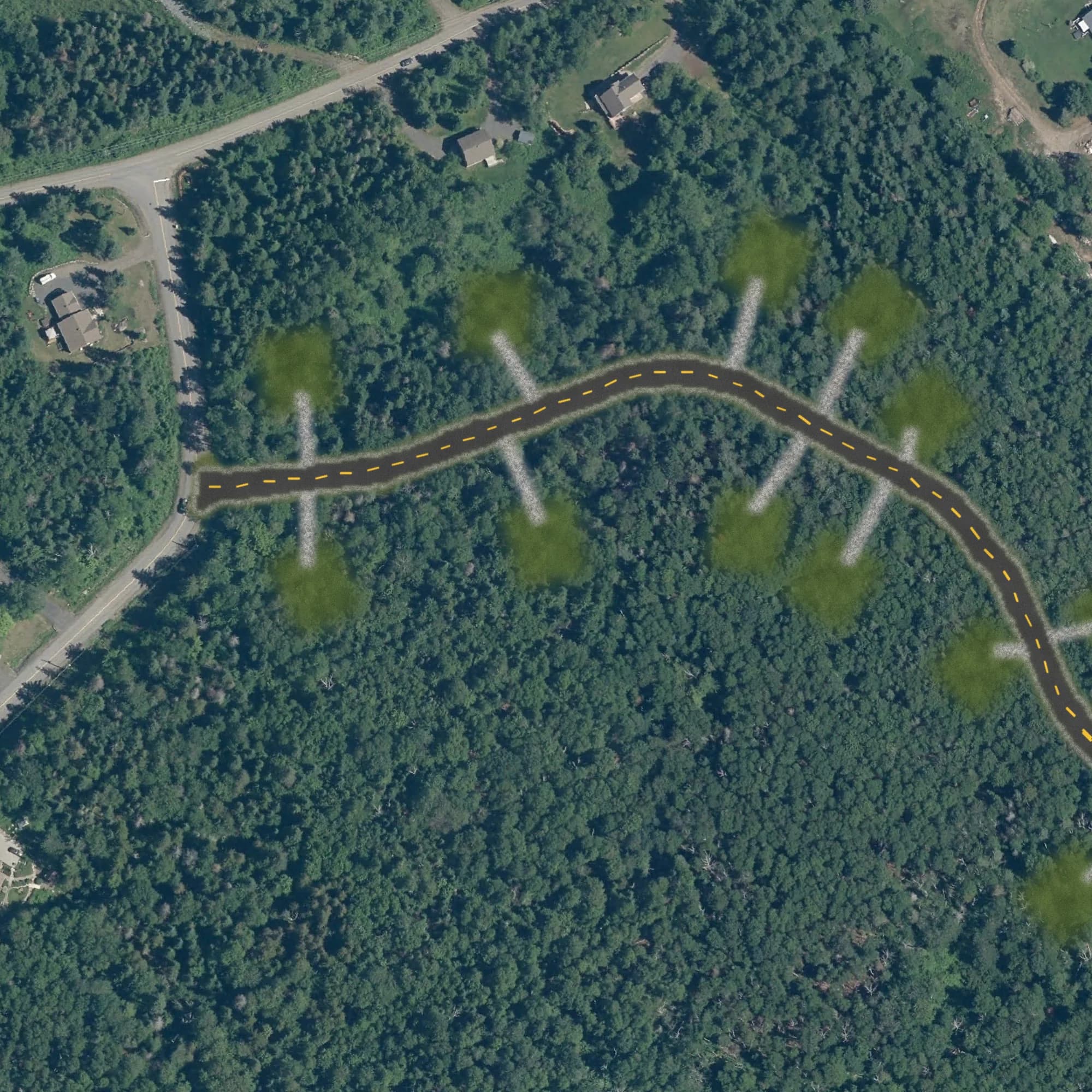Photo aérienne du terrain 5 et de ses environs, avec la limite du terrain tracée en doré
