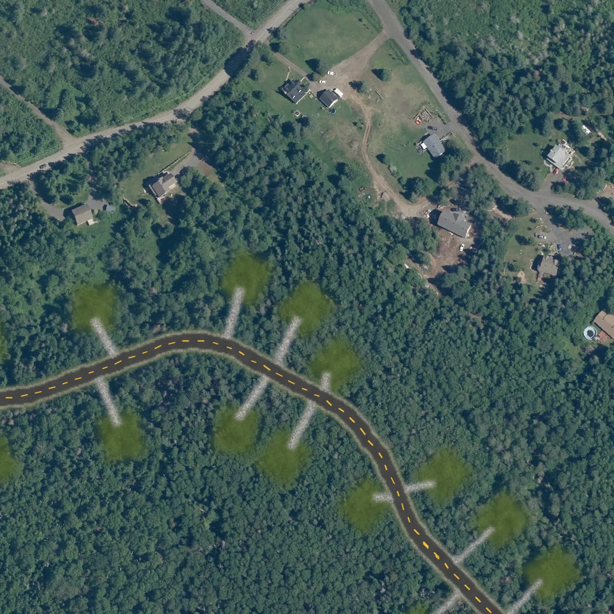 Photo aérienne du terrain 6 et de ses environs, avec la limite du terrain tracée en doré