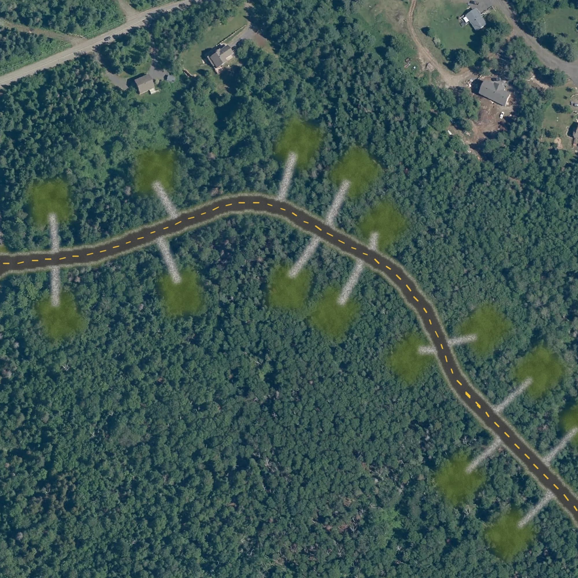 Photo aérienne du terrain 7 et de ses environs, avec la limite du terrain tracée en doré