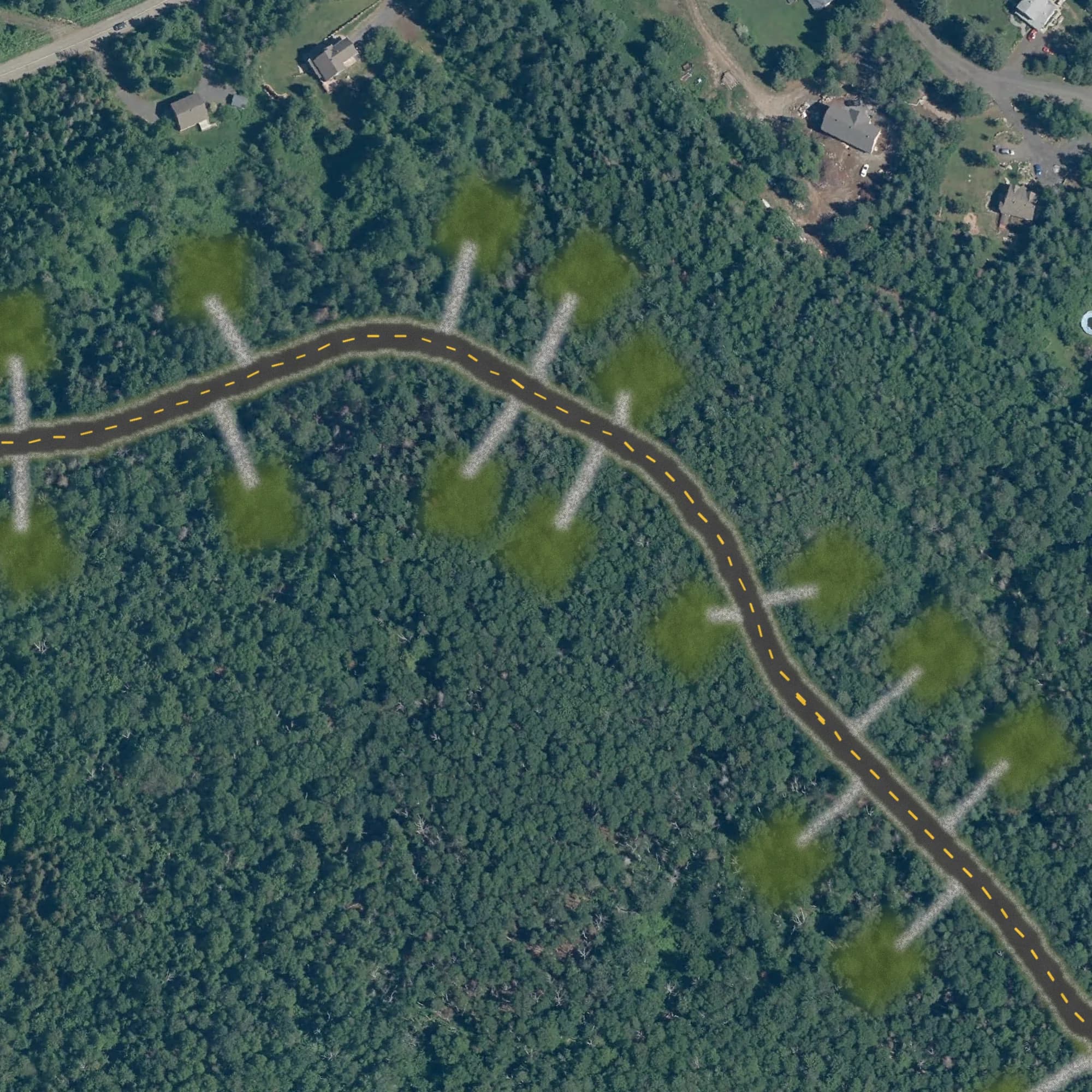 Photo aérienne du terrain 9 et de ses environs, avec la limite du terrain tracée en doré