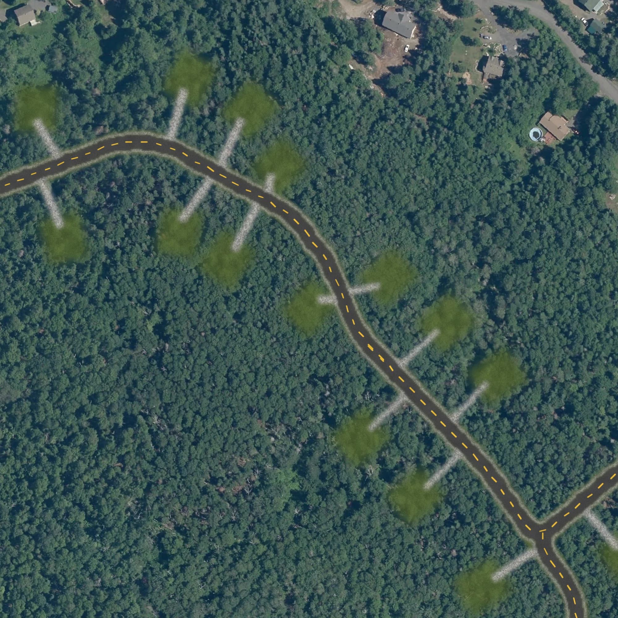 Photo aérienne du terrain 11 et de ses environs, avec la limite du terrain tracée en doré