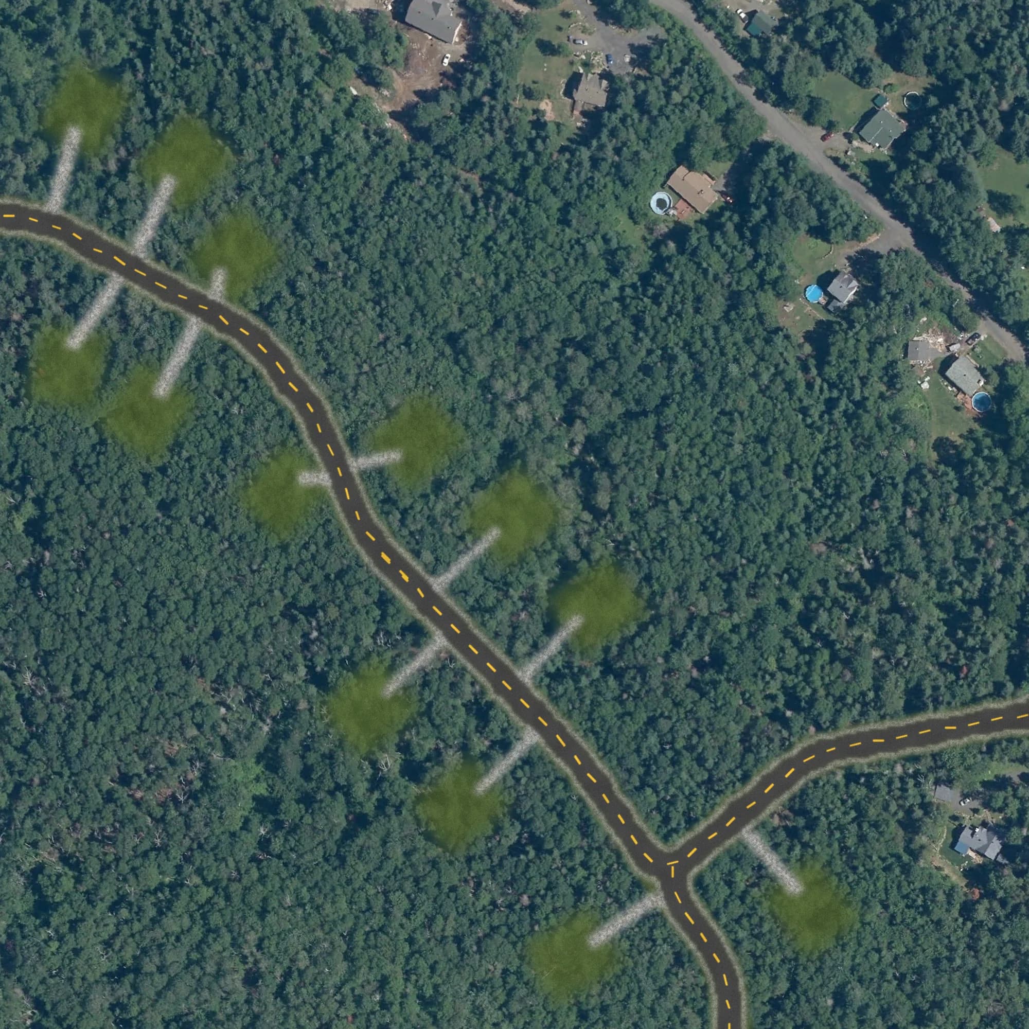 Photo aérienne du terrain 12 et de ses environs, avec la limite du terrain tracée en doré