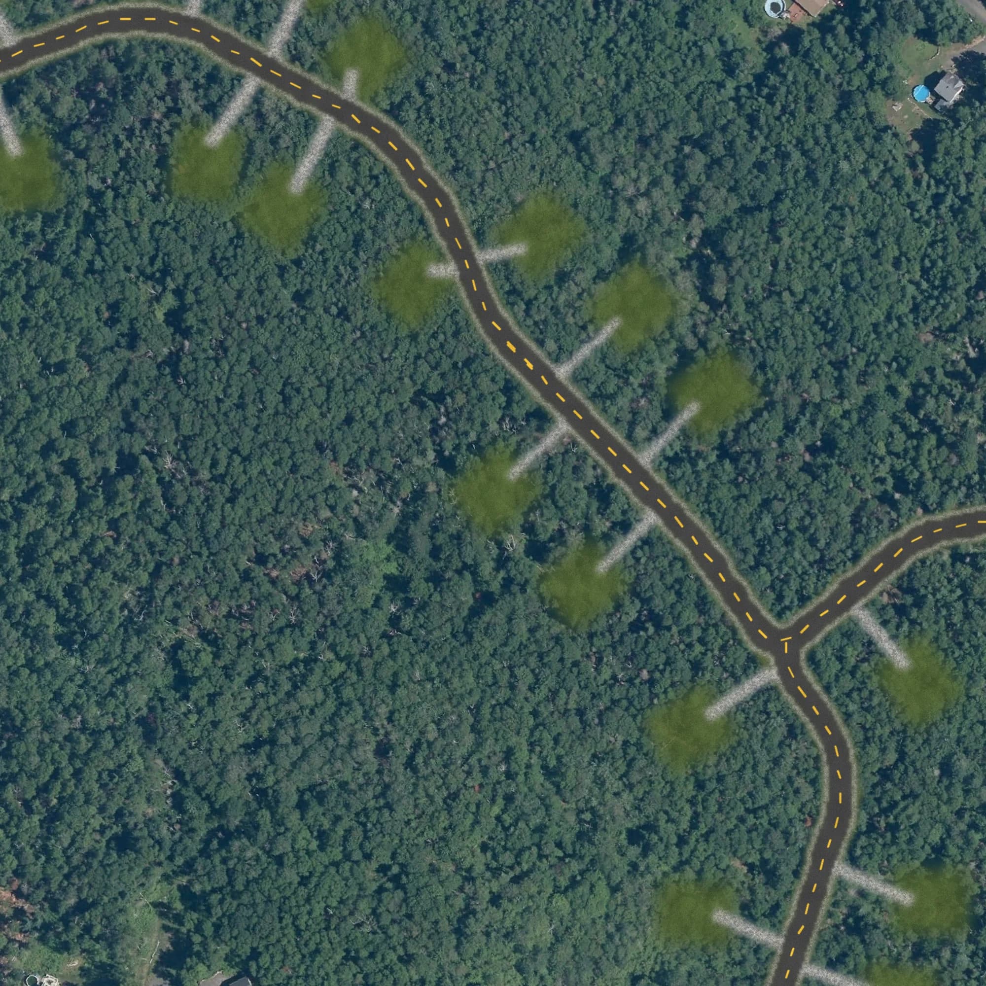 Photo aérienne du terrain 13 et de ses environs, avec la limite du terrain tracée en doré