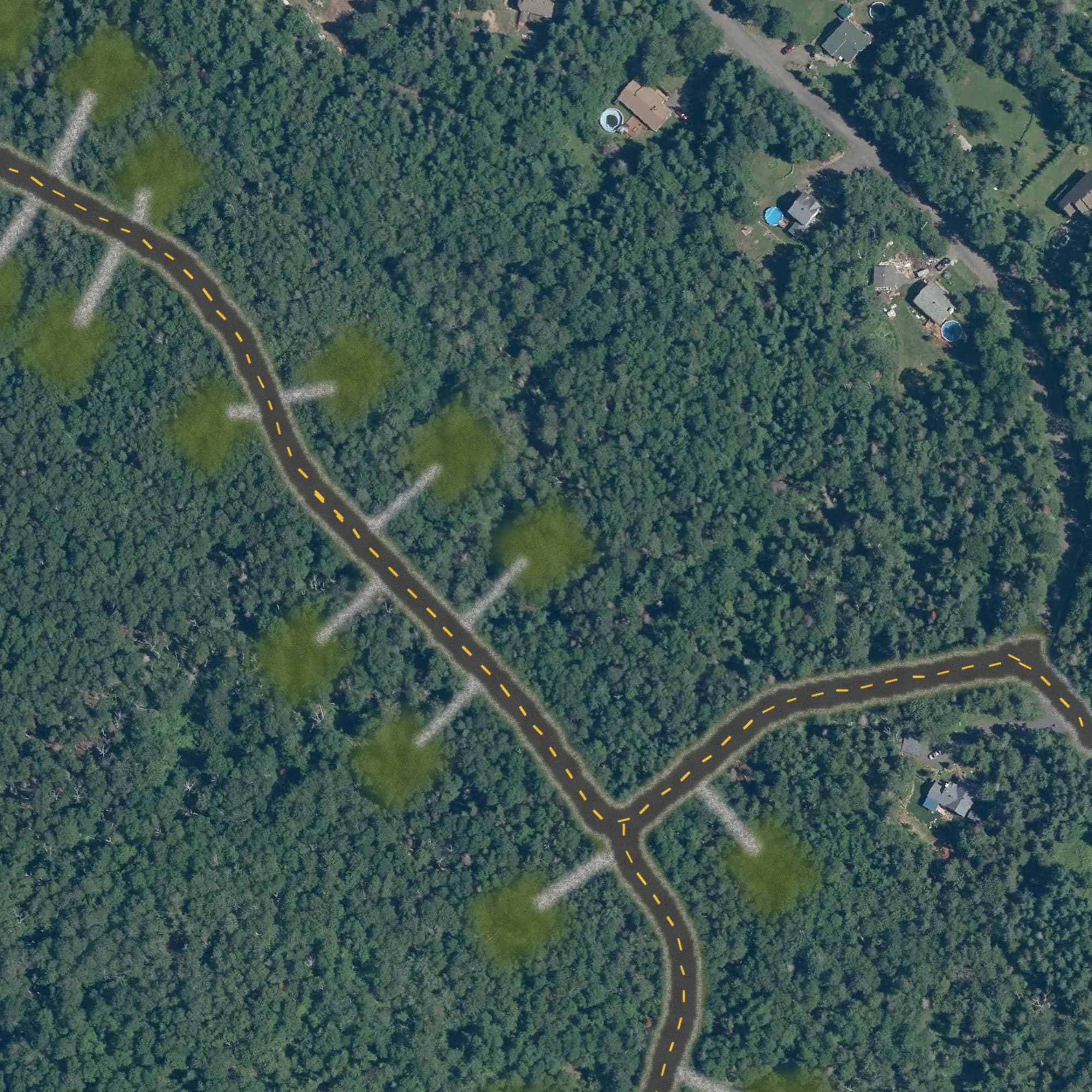 Photo aérienne du terrain 14 et de ses environs, avec la limite du terrain tracée en doré
