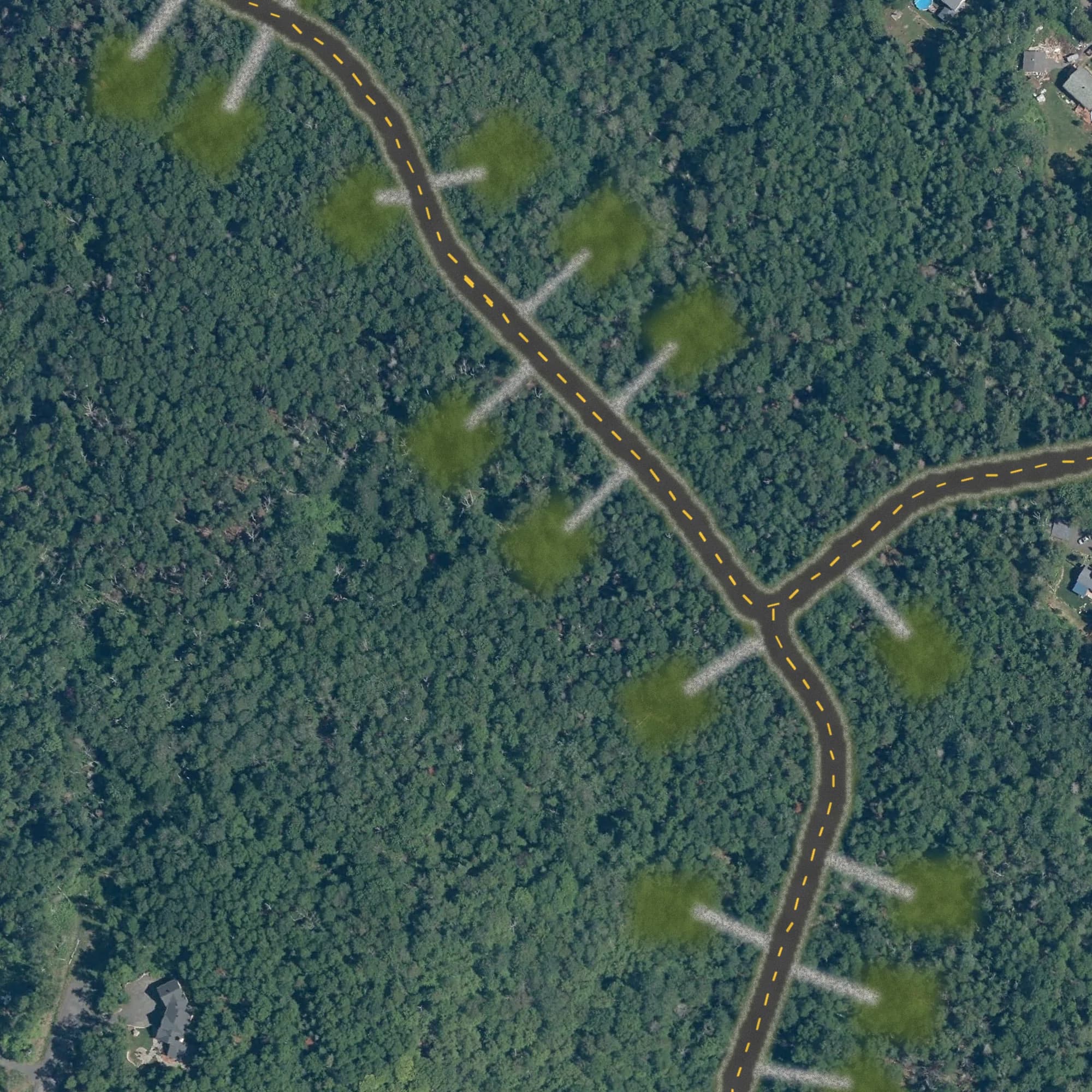 Photo aérienne du terrain 15 et de ses environs, avec la limite du terrain tracée en doré