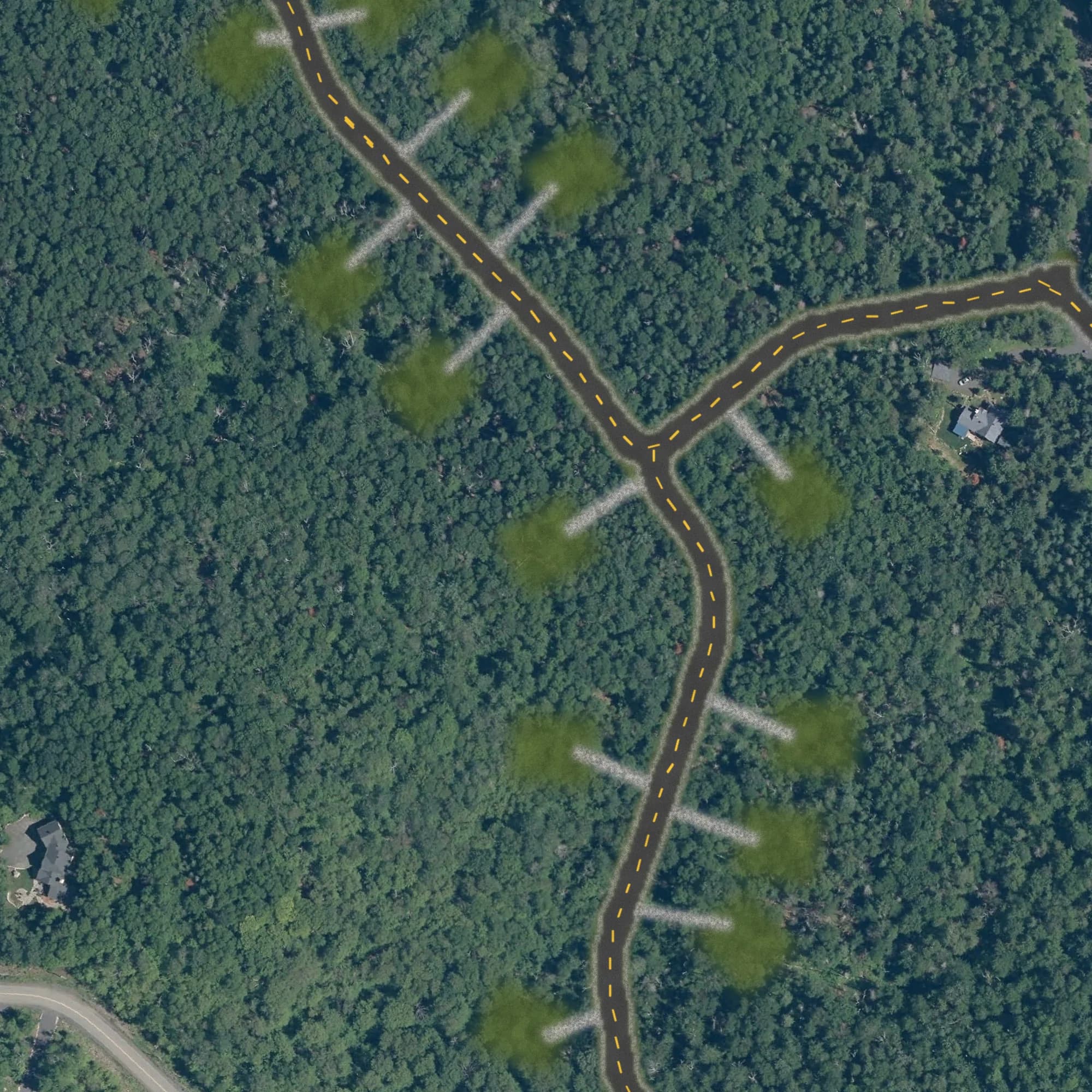 Photo aérienne du terrain 16 et de ses environs, avec la limite du terrain tracée en doré