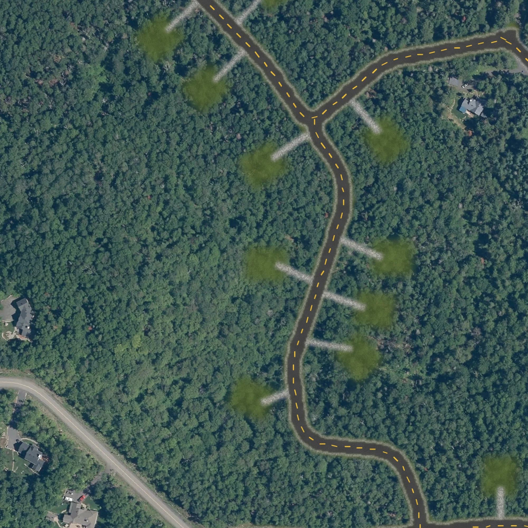 Photo aérienne du terrain 18 et de ses environs, avec la limite du terrain tracée en doré