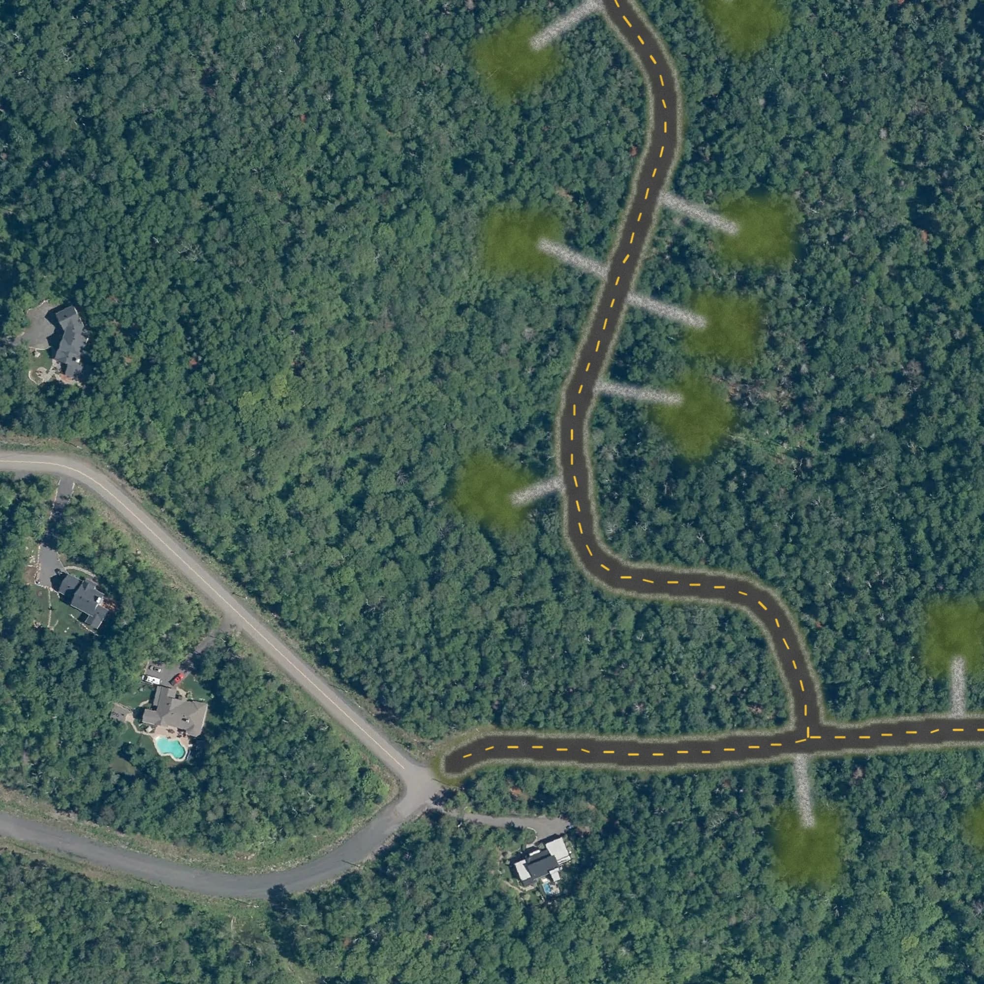 Photo aérienne du terrain 19 et de ses environs, avec la limite du terrain tracée en doré