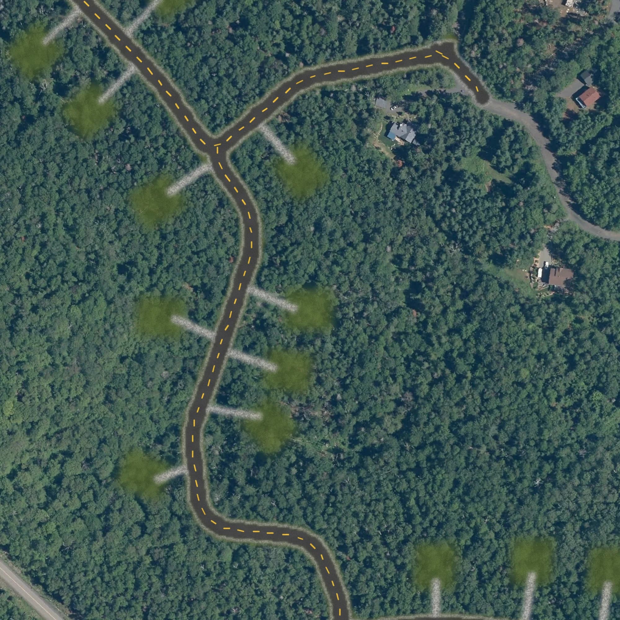 Photo aérienne du terrain 20 et de ses environs, avec la limite du terrain tracée en doré