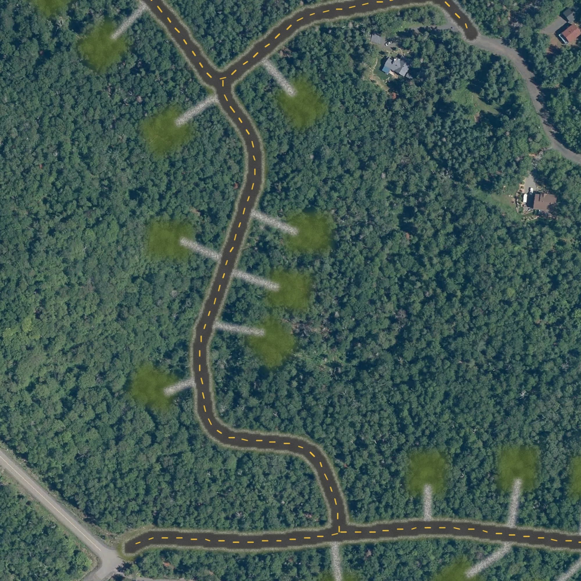 Photo aérienne du terrain 21 et de ses environs, avec la limite du terrain tracée en doré