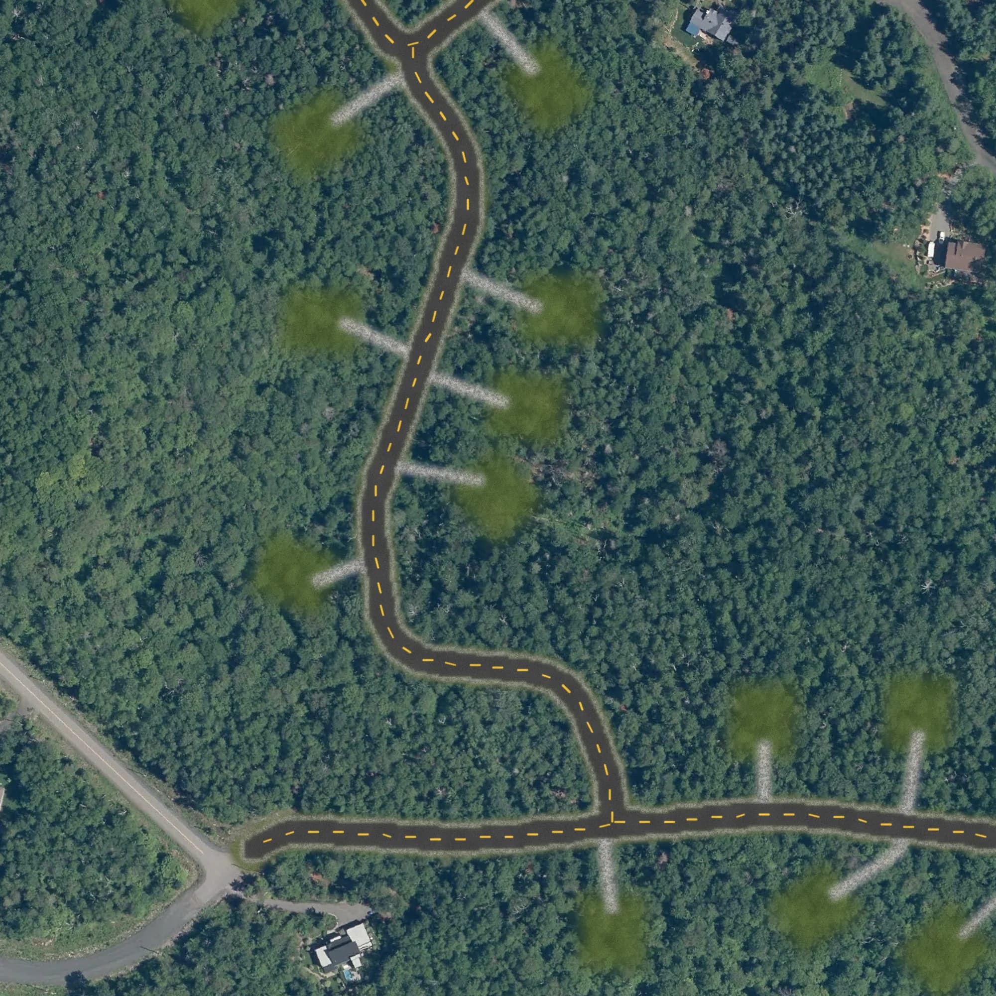 Photo aérienne du terrain 22 et de ses environs, avec la limite du terrain tracée en doré