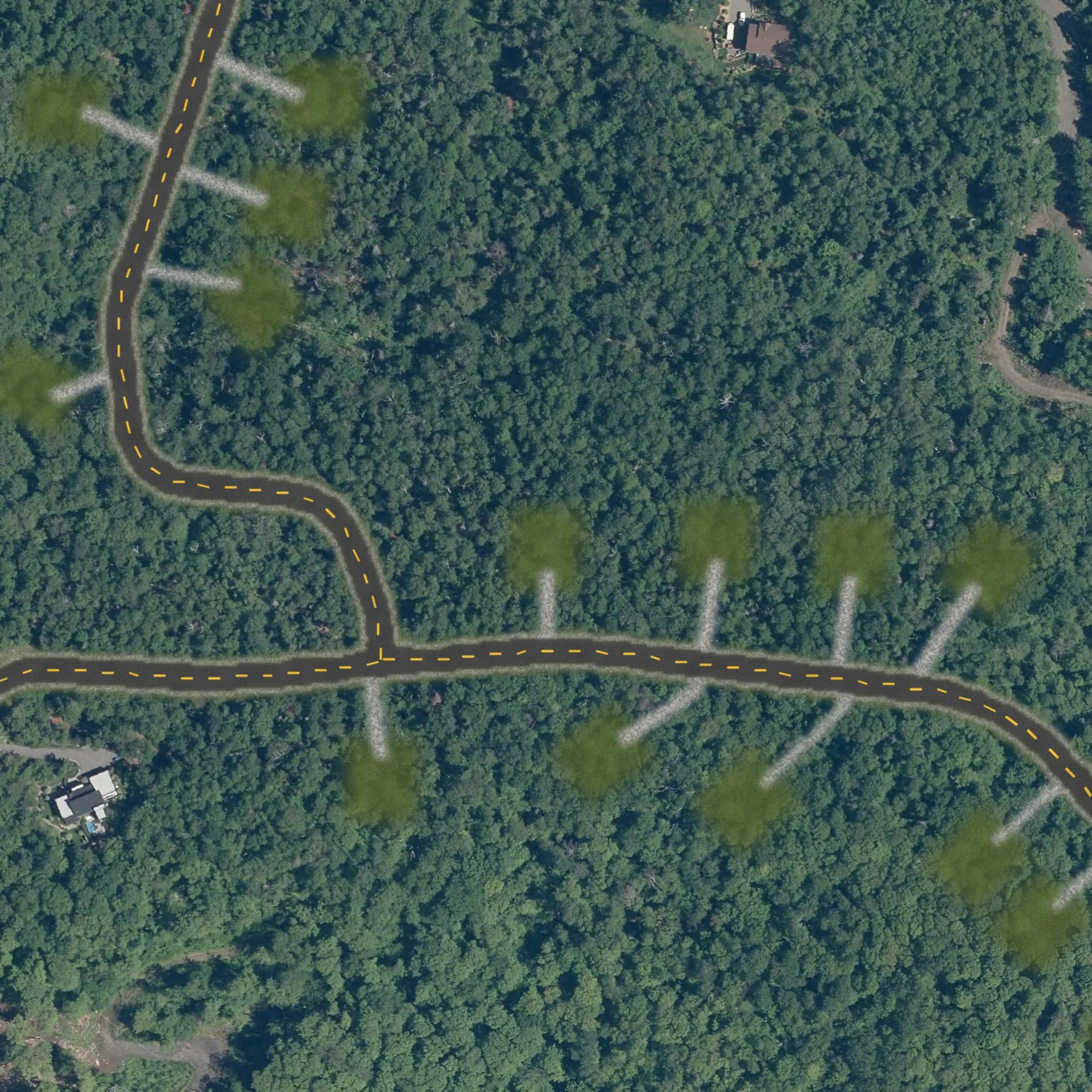 Photo aérienne du terrain 23 et de ses environs, avec la limite du terrain tracée en doré
