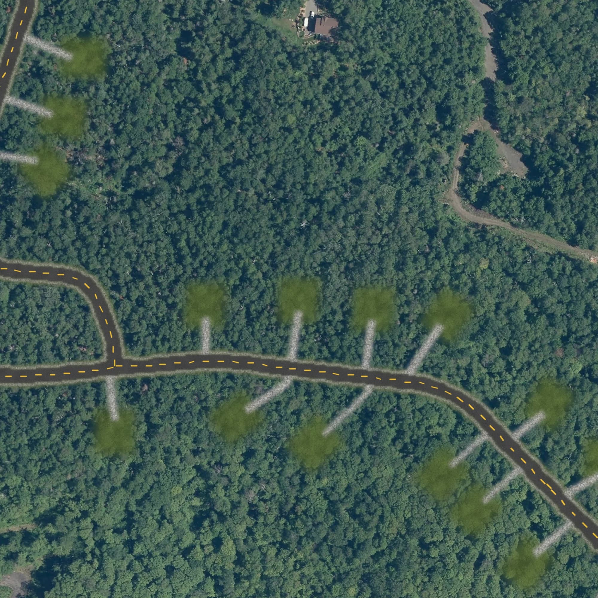 Photo aérienne du terrain 24 et de ses environs, avec la limite du terrain tracée en doré