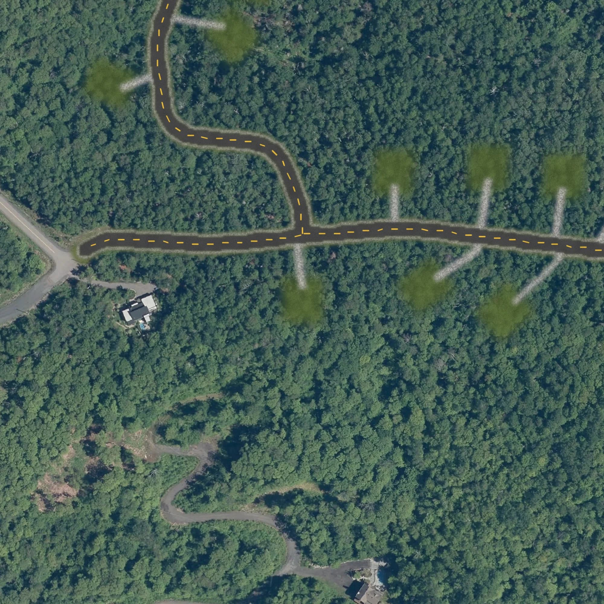 Photo aérienne du terrain 25 et de ses environs, avec la limite du terrain tracée en doré