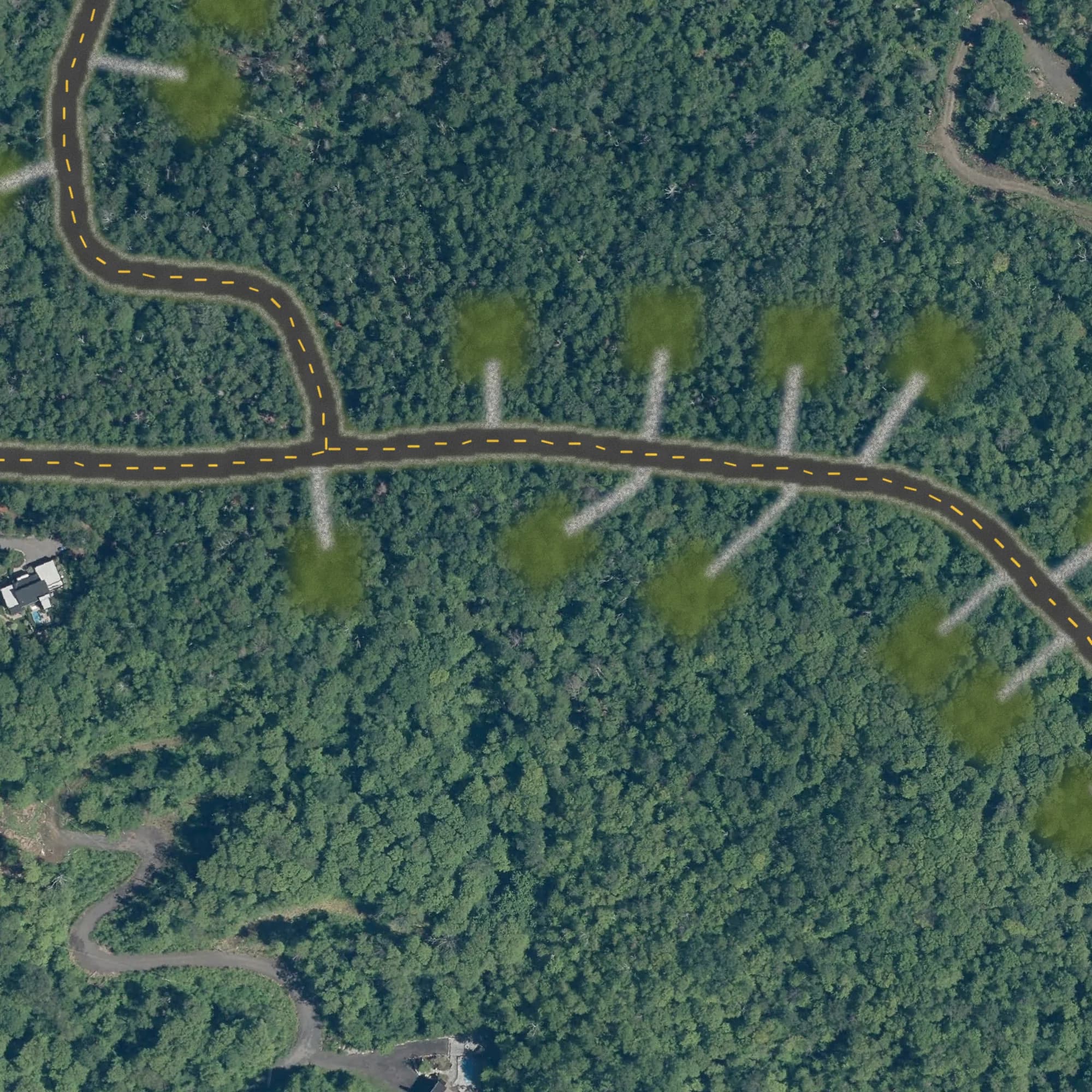 Photo aérienne du terrain 27 et de ses environs, avec la limite du terrain tracée en doré