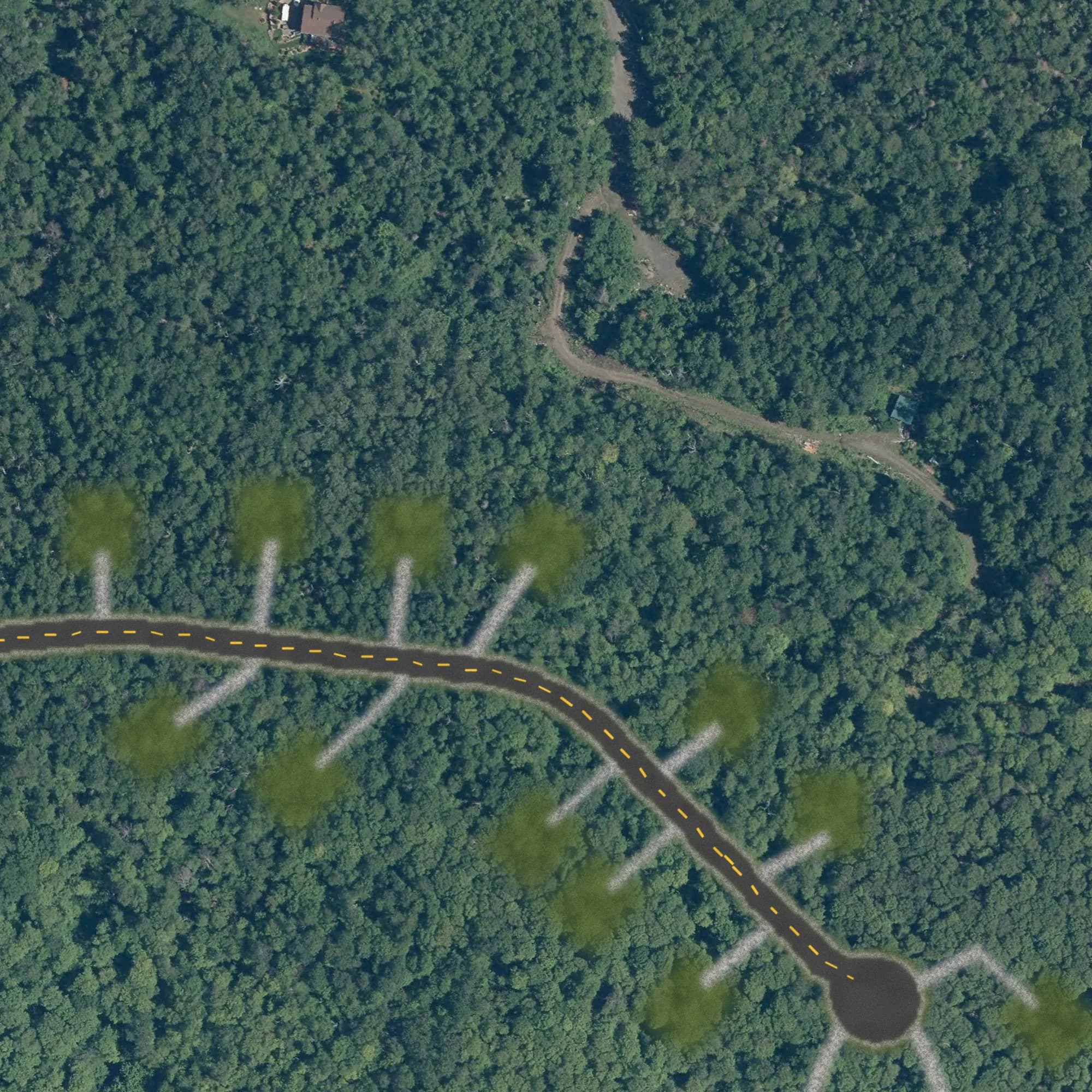 Photo aérienne du terrain 28 et de ses environs, avec la limite du terrain tracée en doré