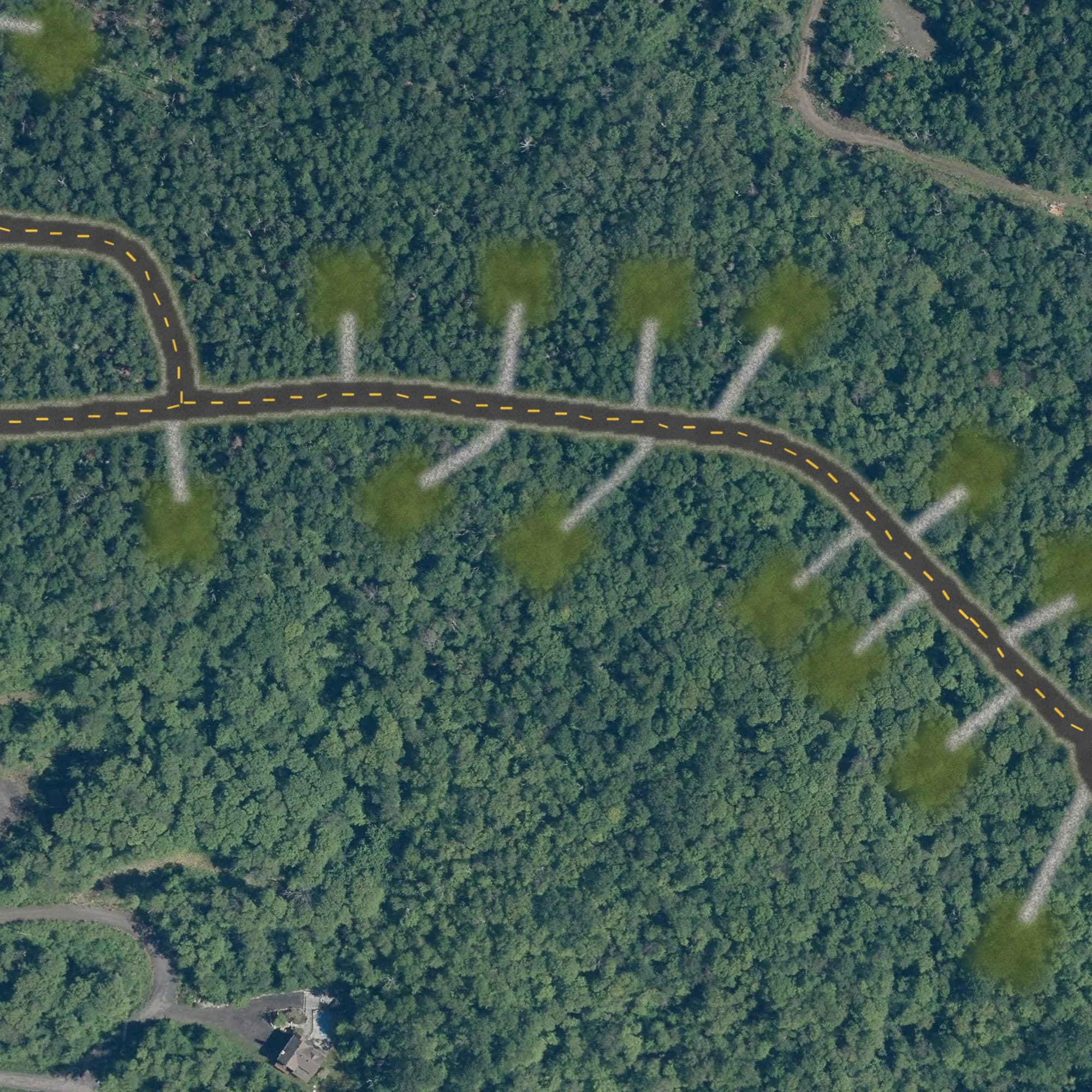 Photo aérienne du terrain 29 et de ses environs, avec la limite du terrain tracée en doré