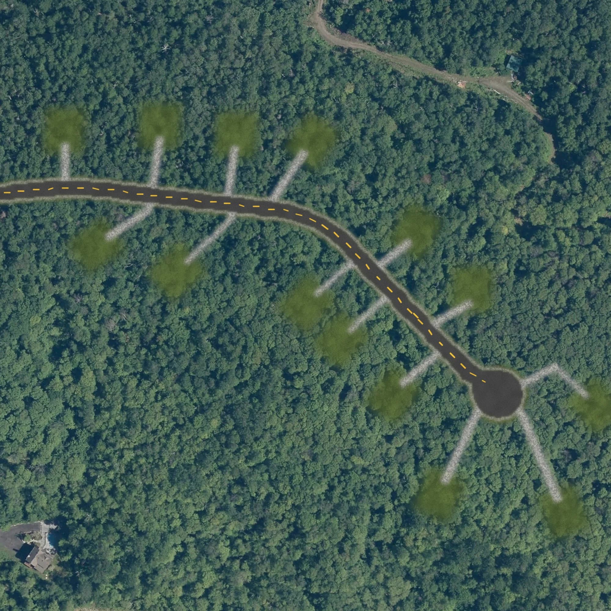 Photo aérienne du terrain 30 et de ses environs, avec la limite du terrain tracée en doré