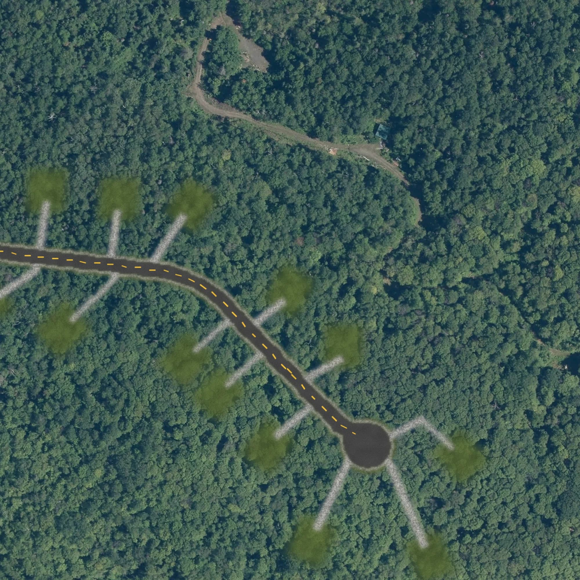 Photo aérienne du terrain 31 et de ses environs, avec la limite du terrain tracée en doré