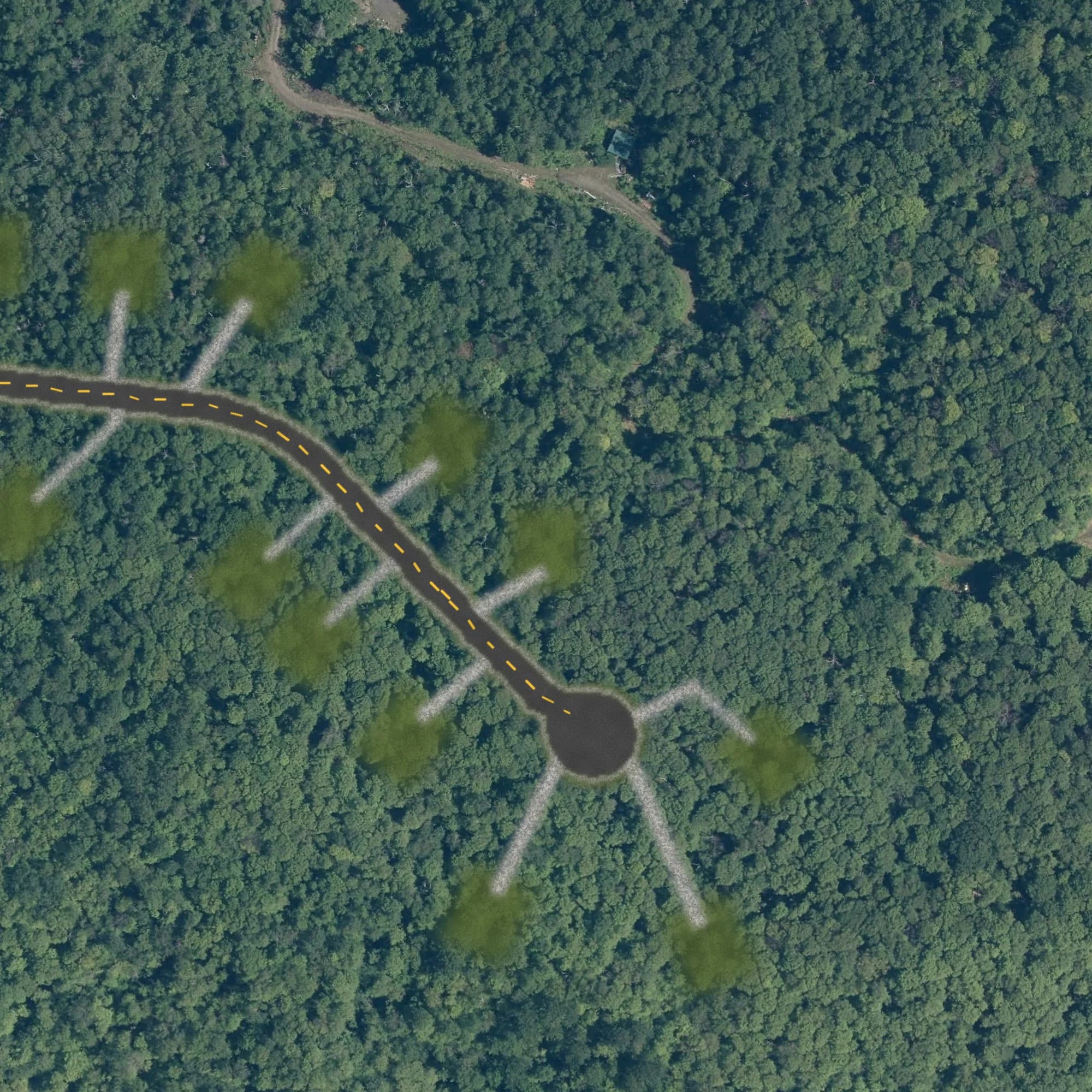 Photo aérienne du terrain 33 et de ses environs, avec la limite du terrain tracée en doré
