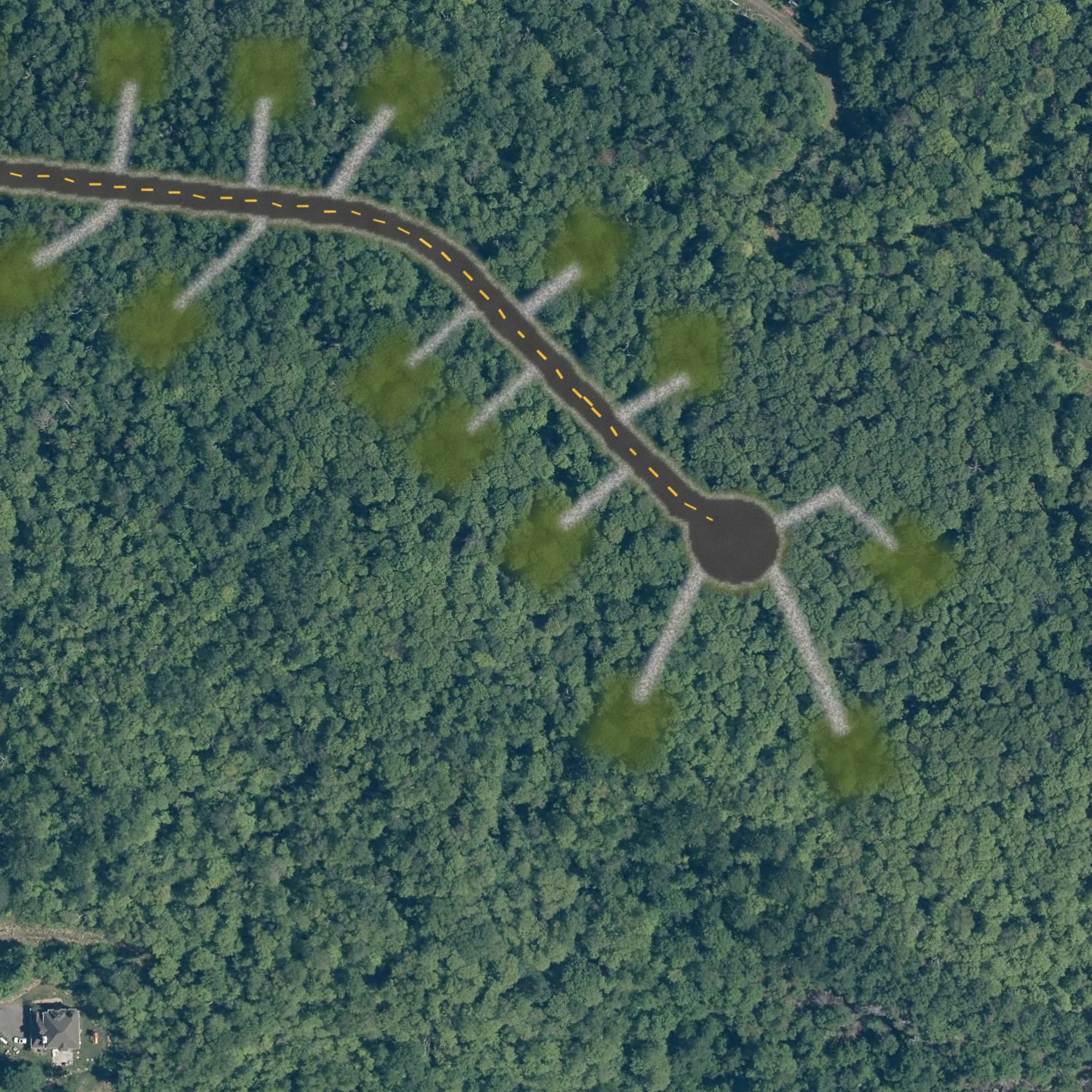 Photo aérienne du terrain 34 et de ses environs, avec la limite du terrain tracée en doré
