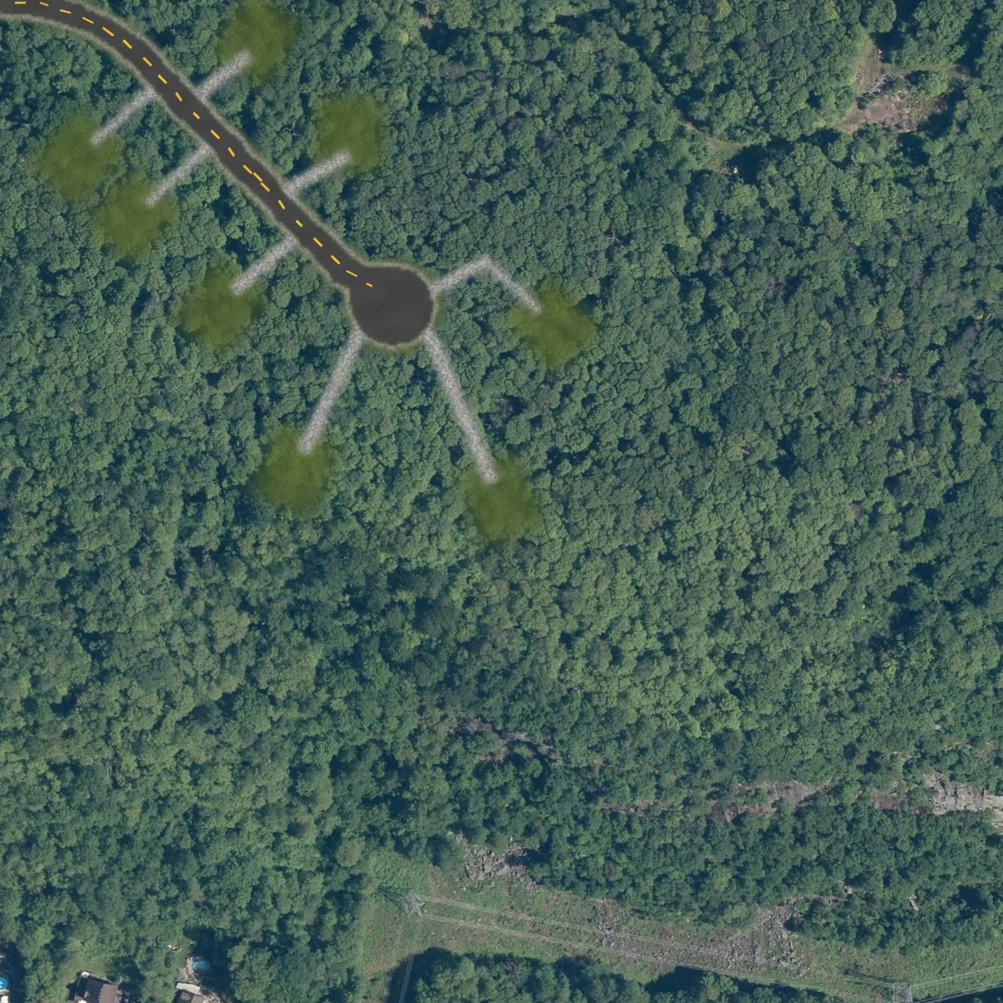 Photo aérienne du terrain 36 et de ses environs, avec la limite du terrain tracée en doré
